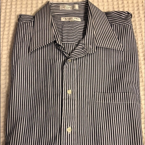 Christian Dior Chemise Blue SS Stripe Shirt 17” Classic Designer Cotton Career - Picture 1 of 2